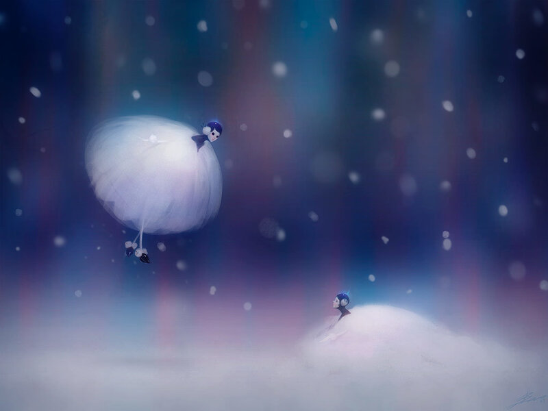 Two figures in a snowy dream