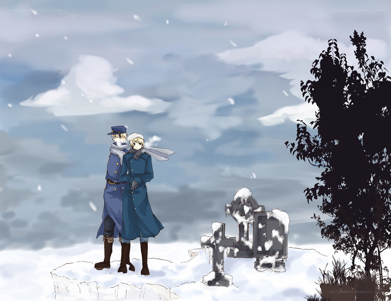 Two figures in a snowy graveyard