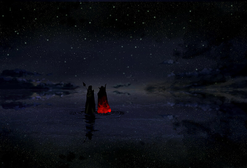 Two figures in a starry night
