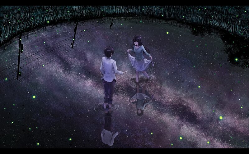 Two figures in a starry pond