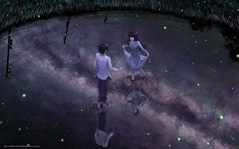 Two figures in a starry pond
