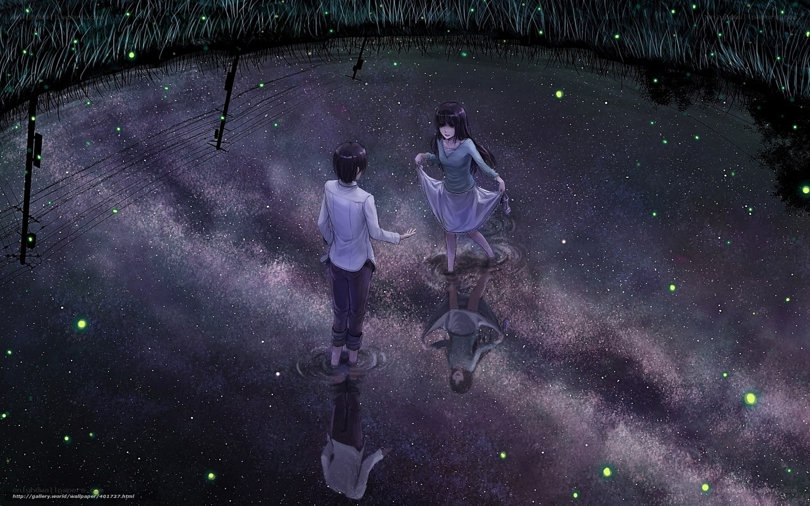 Two figures in a starry pond