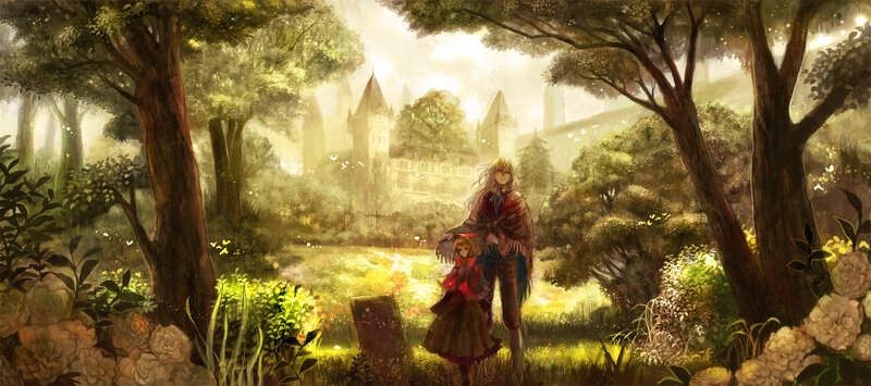 Two figures in a sunlit forest