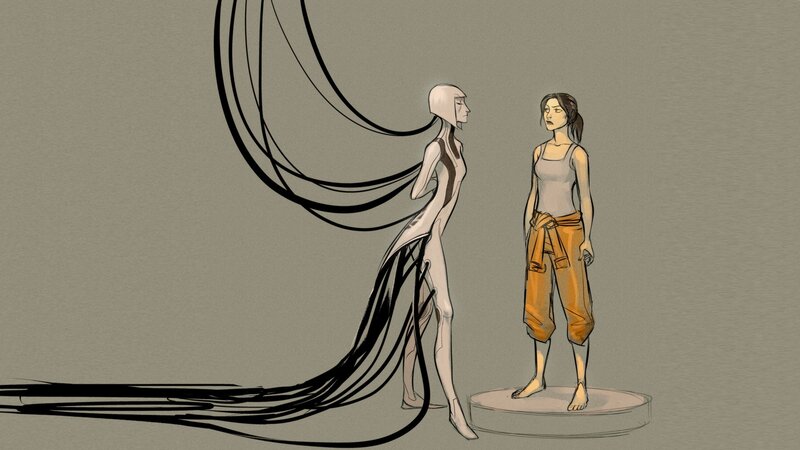 Two figures in a surreal scene