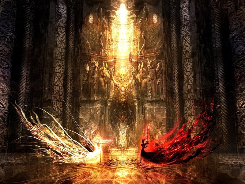Two Figures in a Temple — Gold, Dramatic, Digital Art