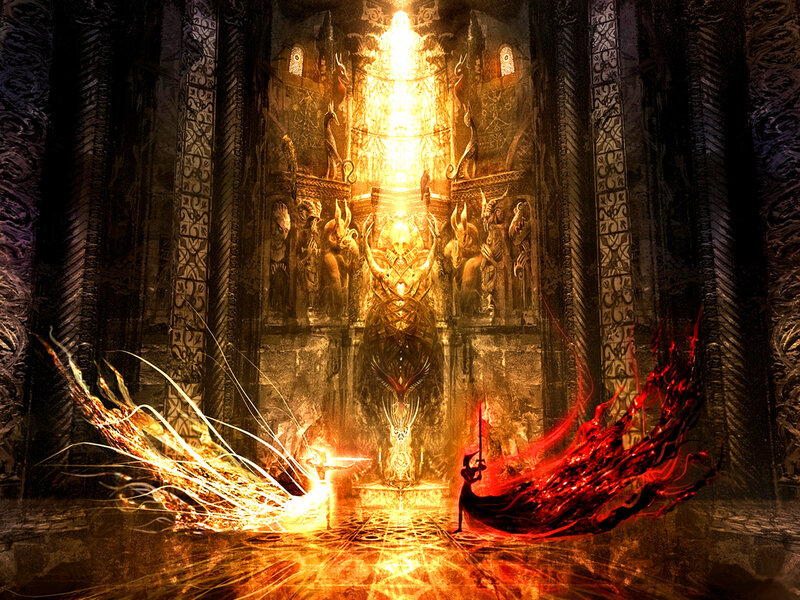 Two Figures in a Temple — Gold, Dramatic