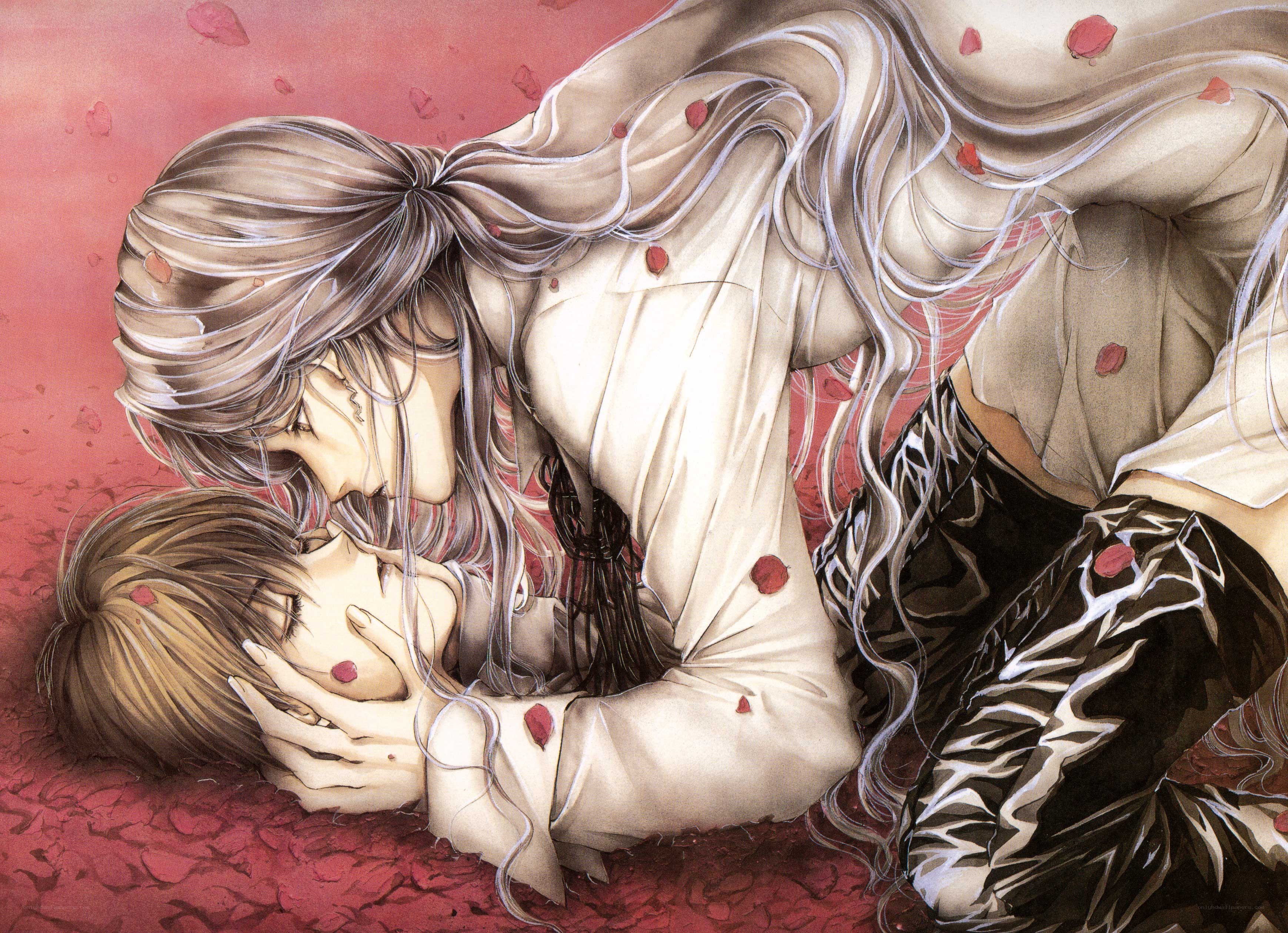 Two figures in a tender embrace