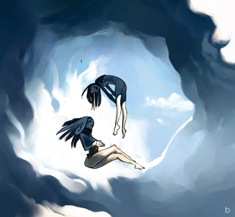 Two figures in a tunnel of light