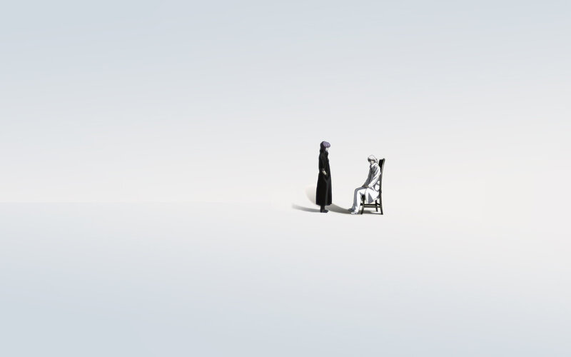 Two figures in a vast white space
