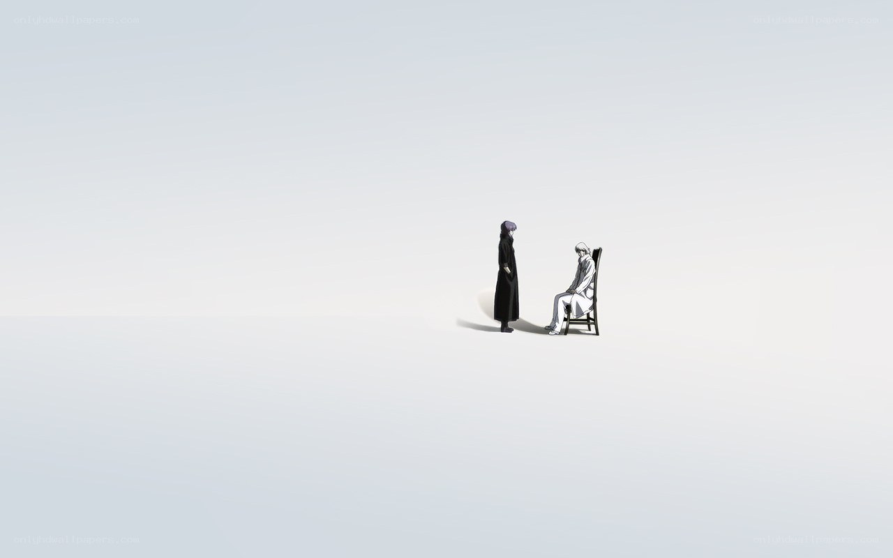 Two figures in a vast white space