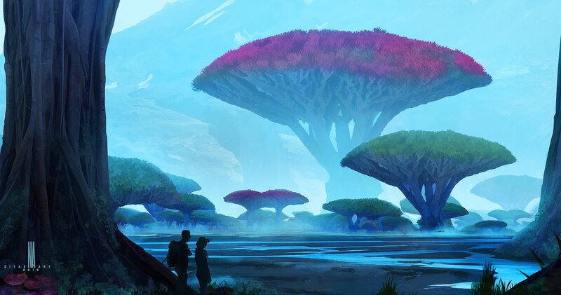 Two Figures in Alien Forest — Blue, Serene