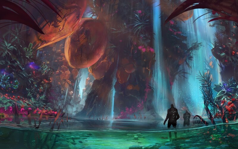 Two Figures in Alien Jungle — Green, Mysterious, Digital Art