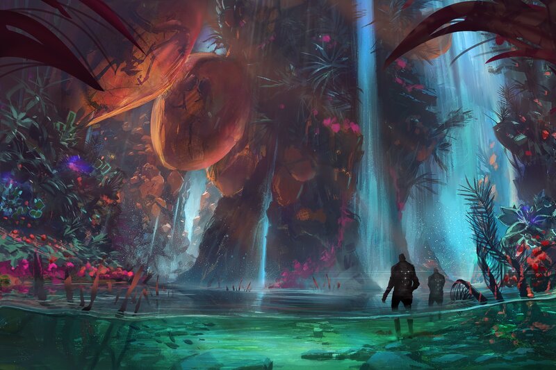 Two Figures in Alien Jungle — Green, Mysterious