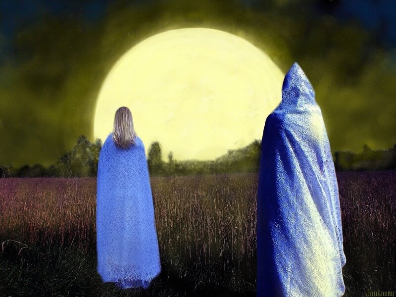 Two Figures in Blue Cloaks