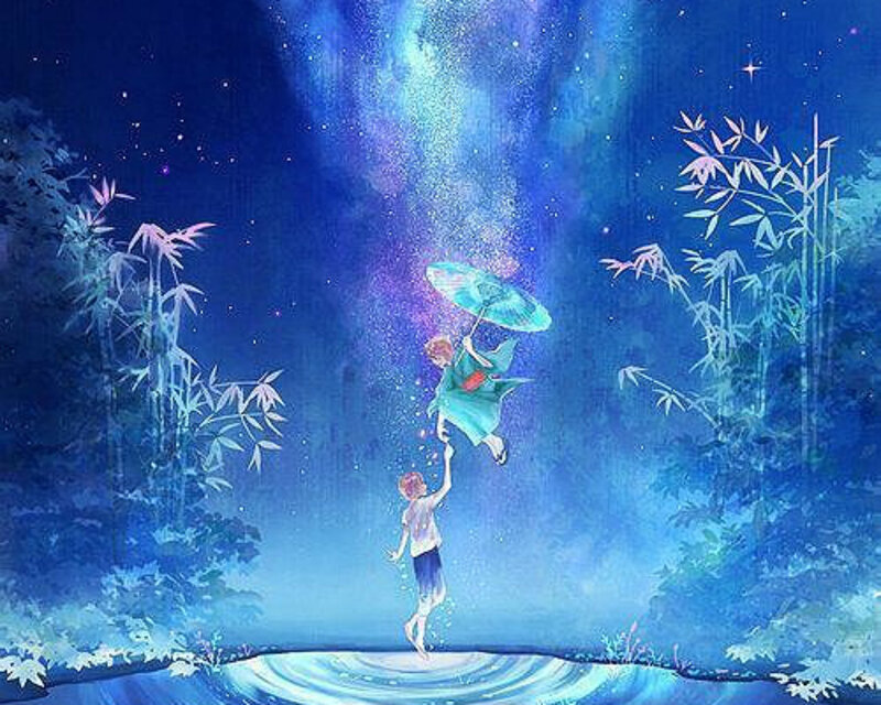 Two Figures in Blue Forest