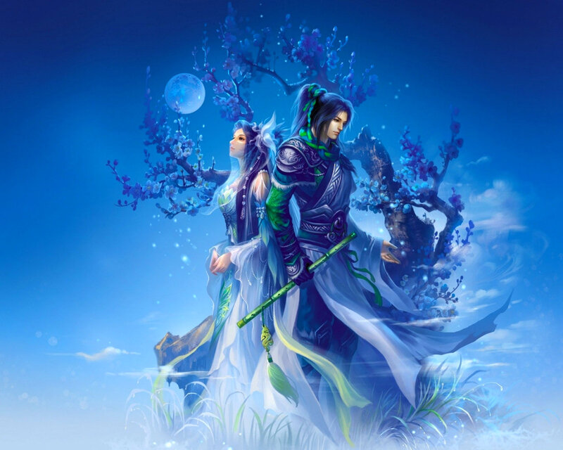 Two Figures in Blue Robes