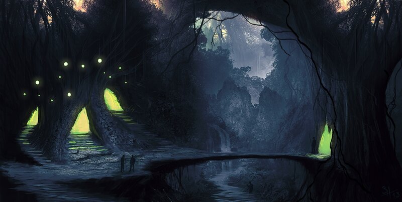 Two Figures in Cave — Green, Mysterious