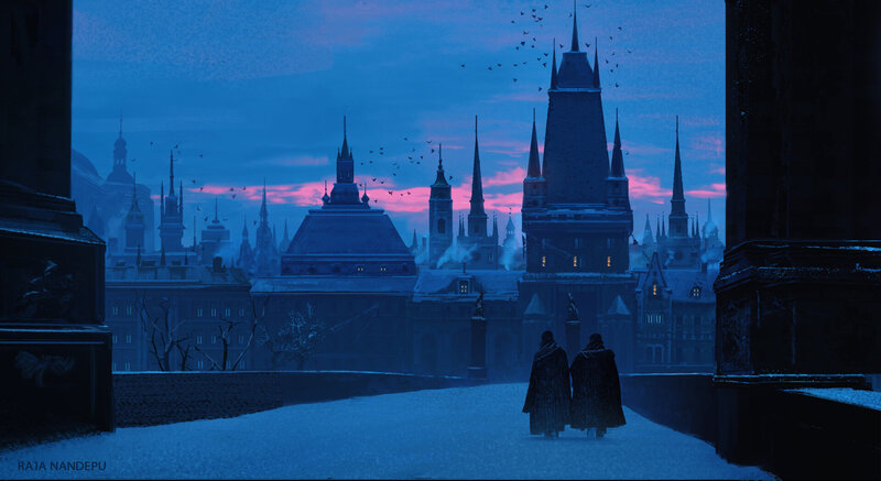Two Figures in Cloaks — Blue, Dramatic