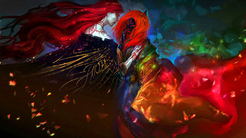Two Figures in Combat — Red, Dramatic, Digital Art, Red Hair