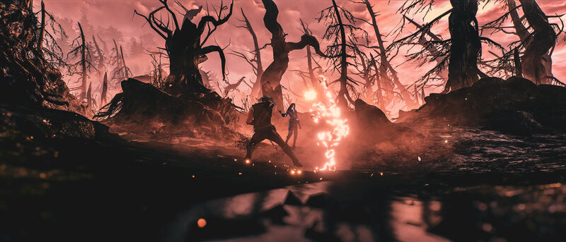 Two Figures in Combat — Red, Dramatic, Sunset