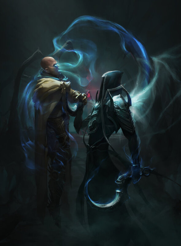 Two Figures in Dark Armor — Blue