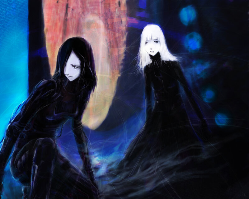 Two figures in dark attire