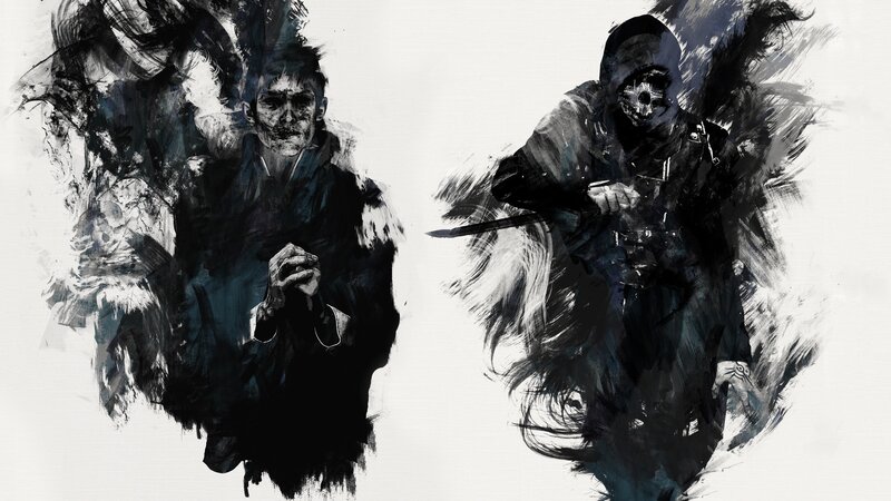 Two Figures in Dark Cloaks — Black, Dramatic