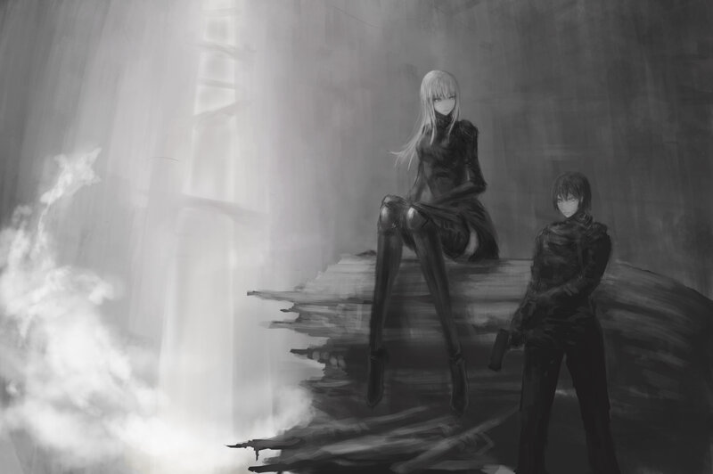 Two Figures in Dark Clothing — Black, Dramatic