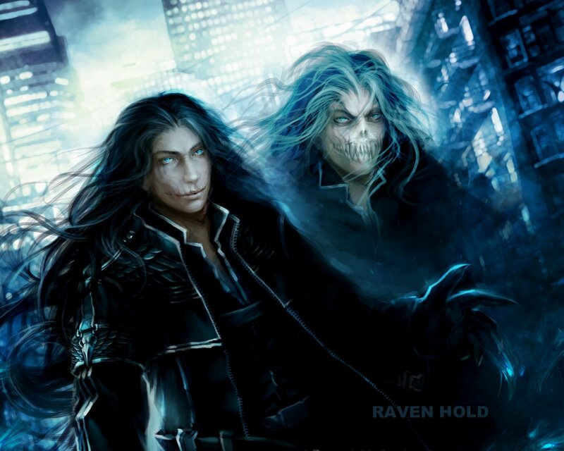 Two Figures in Dark Coats — Blue