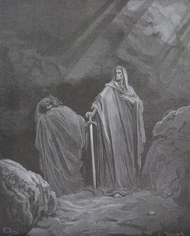 Two Figures in Dark Landscape — Black, Dramatic