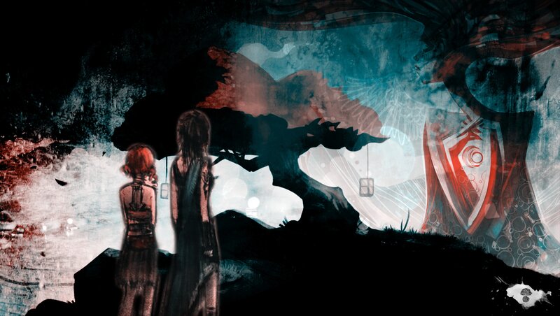 Two Figures in Dark Landscape