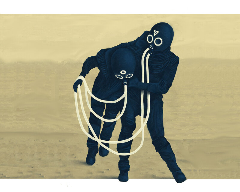 two figures in dark suits
