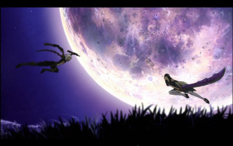Two figures in flight against a large moon