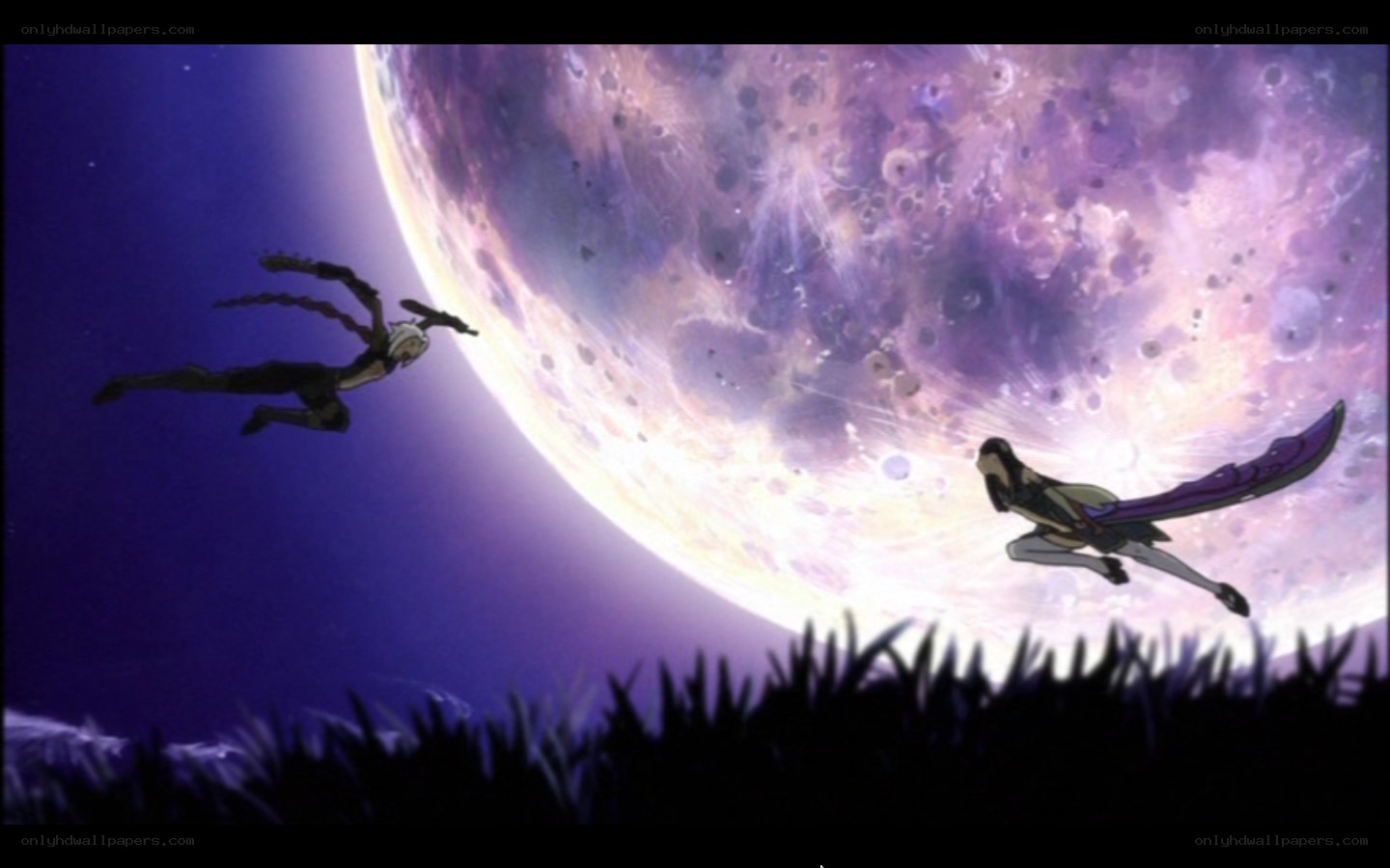 Two figures in flight against a large moon