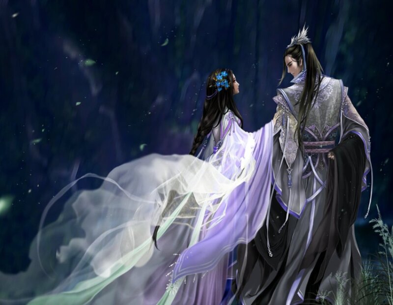 Two Figures in Flowing Robes — Purple, Dramatic