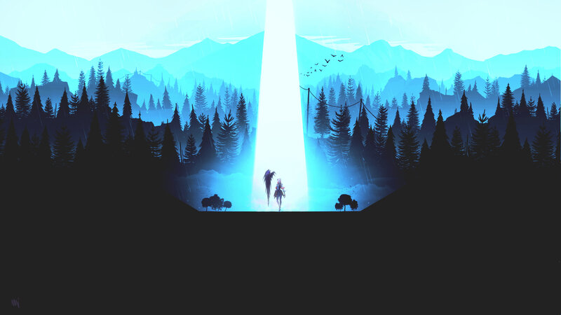 Two Figures in Forest — Blue, Dramatic