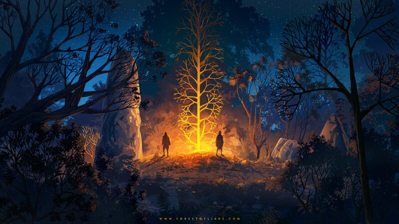 Two Figures in Forest — Blue, Mysterious