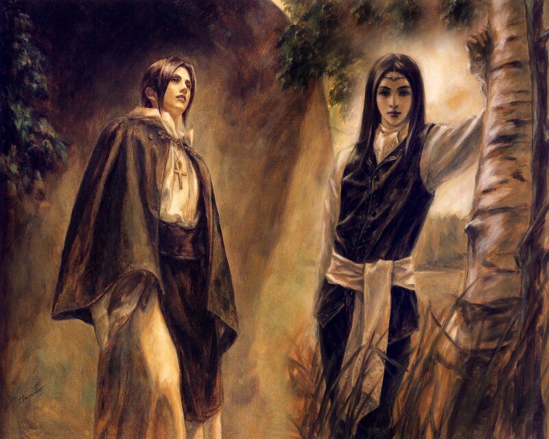Two Figures in Forest — Brown, Dramatic