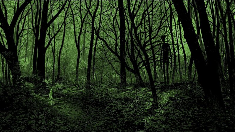 Two Figures in Forest — Green, Eerie, Night