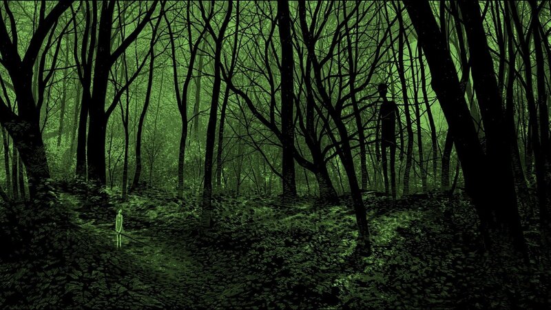 Two Figures in Forest — Green, Eerie