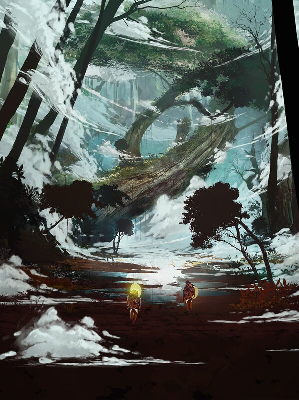 Two Figures in Forest — Green, Mysterious, Night
