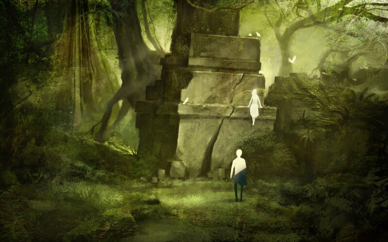 Two Figures in Forest — Green, Mysterious