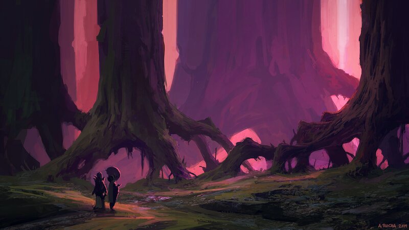 Two Figures in Forest — Purple