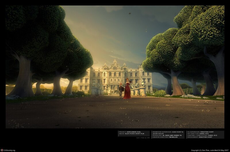 Two Figures in Front of a Mansion