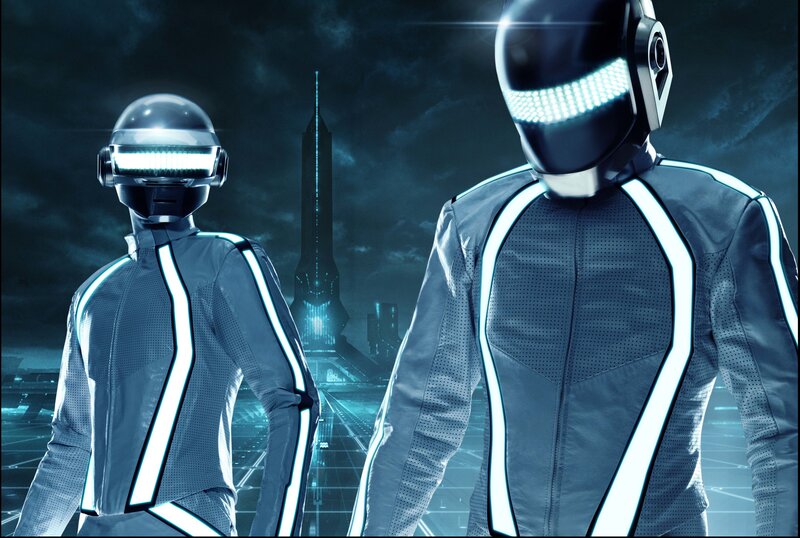 Two Figures in Futuristic Suits — Blue, Dramatic, Night, Digital Art, Helmets, Cityscape, Light Strips, Black, White