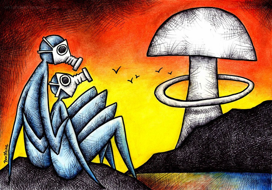 Two figures in gas masks