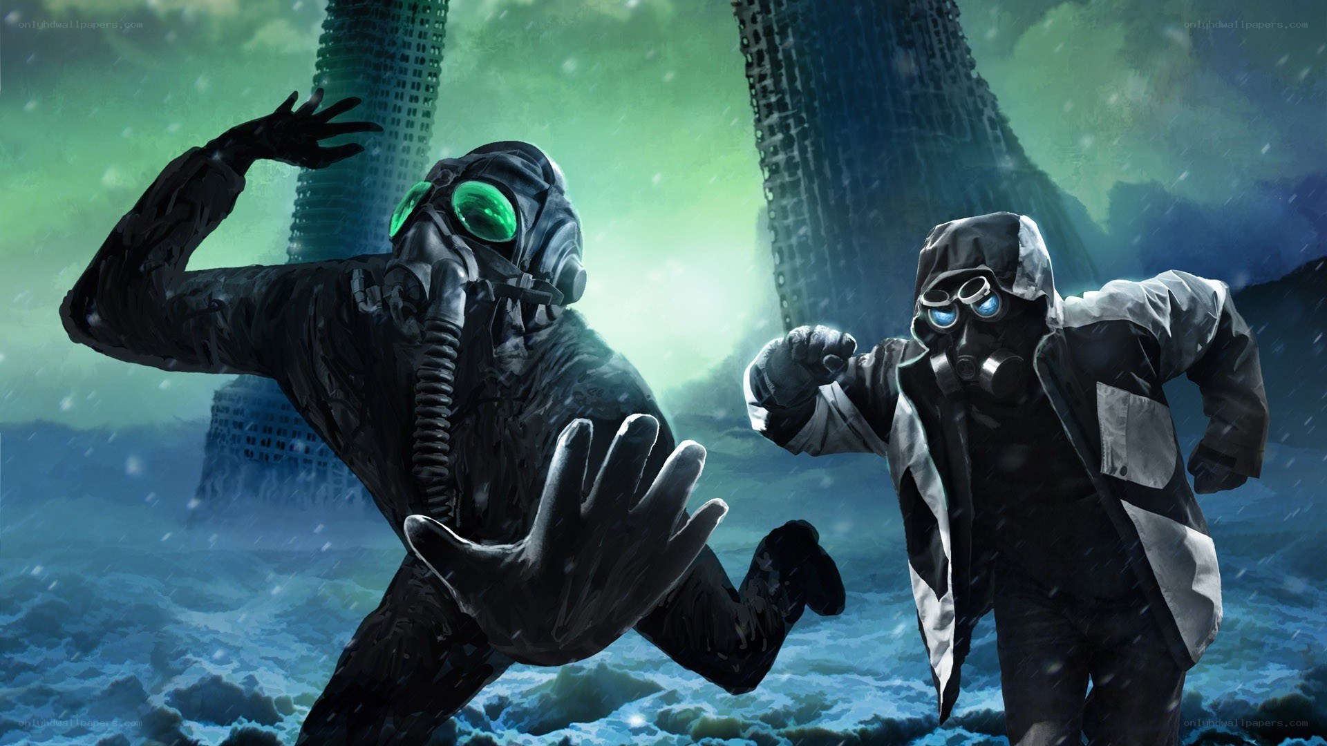 two figures in gas masks