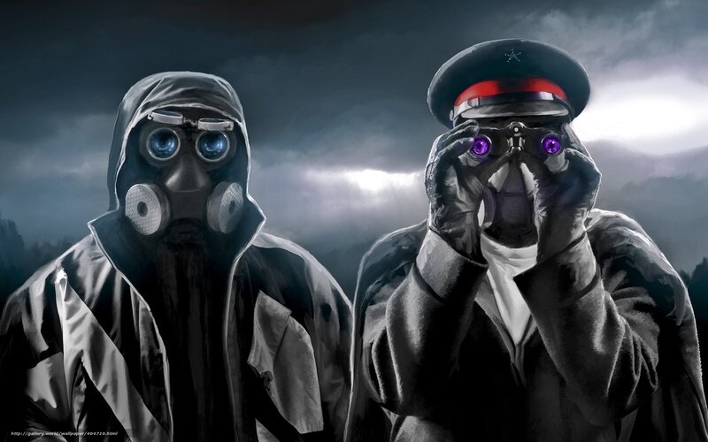 Two Figures in Gas Masks — Black, Dramatic, Digital Art