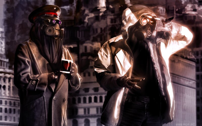 Two Figures in Gas Masks — Black, Dramatic, Night, Digital Art, Gas Masks, Coats