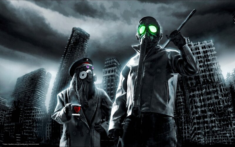 Two Figures in Gas Masks — Black, Dramatic, Night
